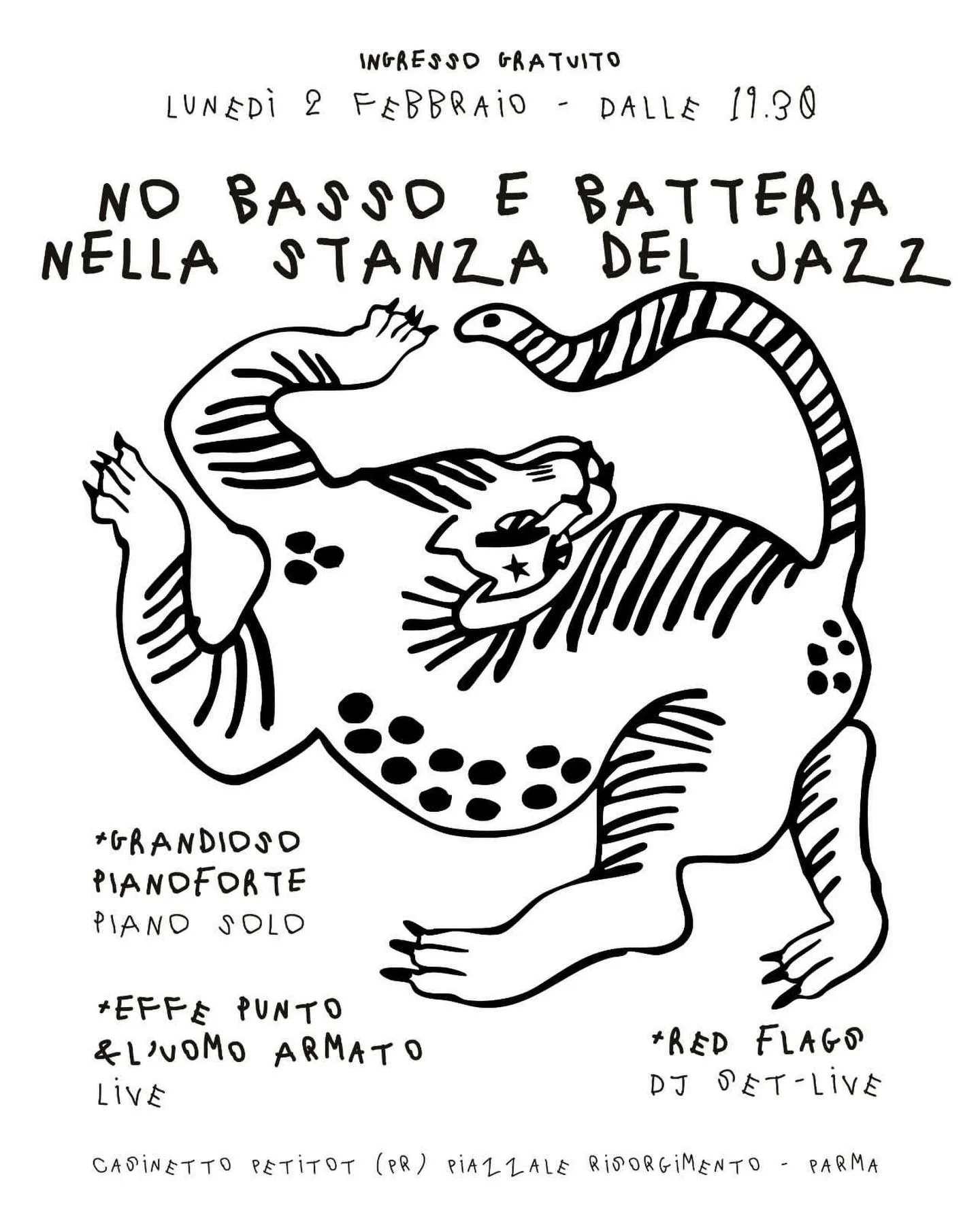 NO BASSO E BATTERIA NELLA STANZA DEL JAZZ
📍 Casinetto Petitot

🗓️ LUNED&Igrave; 2 FEBBRAIO
🕢 dalle 19:30

Ogni giorno della mia vita &eacute; sempre stato un luned&igrave;.

In scaletta: tutto tranne il jazz

🎙️ @effe.punto 
Filippo Cecconi, ha f