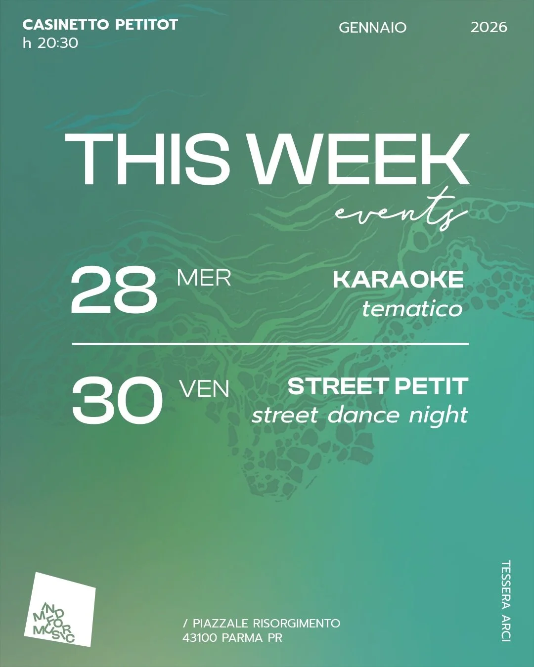 Nuova settimana = nuovi eventi 🪄

👉MERCOLED&Igrave; 28: ci sar&agrave; un karaoke tematico ma visto che siamo sempre in ritardo non abbiamo ancora deciso un tema, ci aiuti a deciderlo nelle storie ?

👉VENERD&Igrave; 30: torna STREET PETIT, la sera