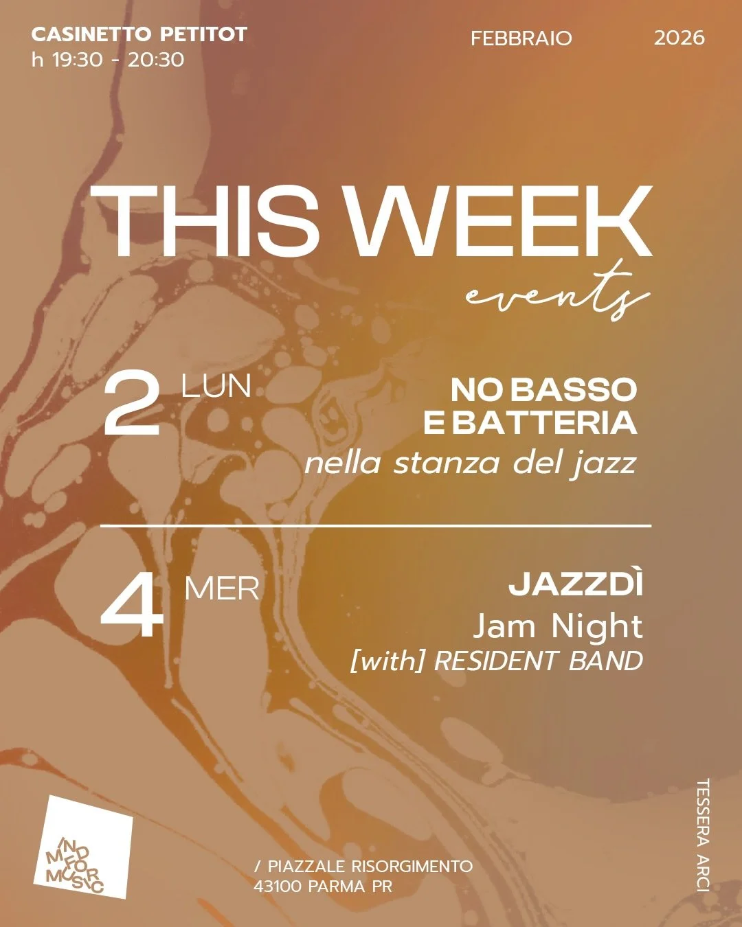 La settimana parte alla svelta con l&rsquo;apertura speciale di stasera:

👉LUNED&Igrave; 2: NO BASSO E BATTERIA NELLA STANZA DEL JAZZ 🥁 in scaletta tutto tranne il jazz: @effe.punto , @redflags.it e Alberto Leoni in grandioso pianoforte. Dalle 19:3