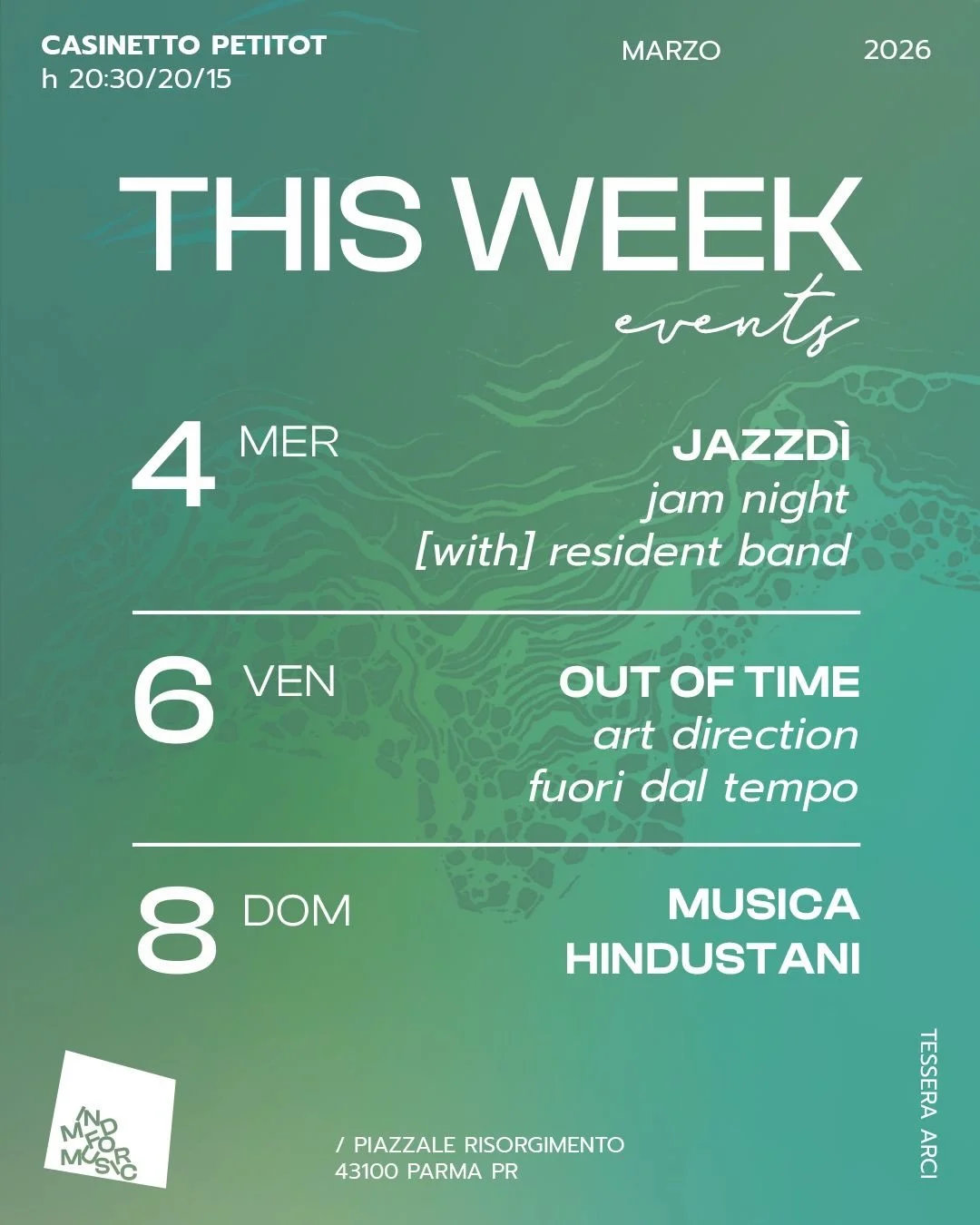 Settimana 2-8 in arrivo:

👉 MERCOLED&Igrave; 4: JAZZD&Igrave; con resident band composta da:
@pietrovecchi_ - 🎷
@jantoninelli - 🎻
@drumpino - 🥁

a seguire una bella Jamsesso 

🎟️: contributo soci 5&euro;
Inizio ore 20:30

👉 VENERD&Igrave; 6: os
