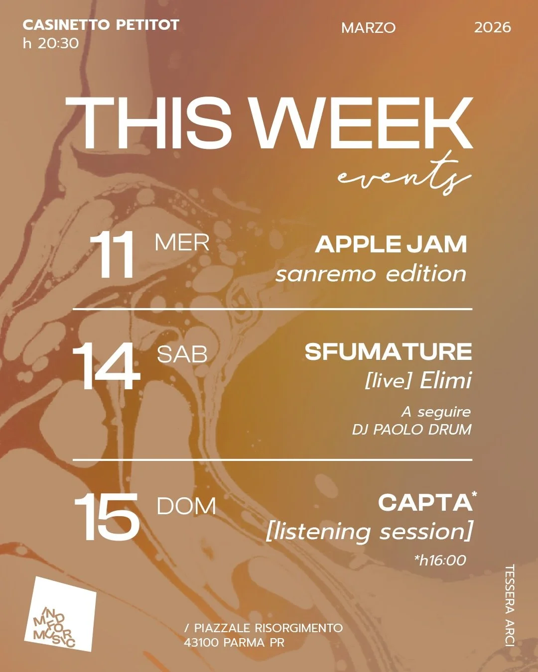 &Egrave; la settimana conclusiva di sfumature e arriva il calendario settimanale 🗒️

👉MERCOLED&Igrave; 11: Apple Jam del mese a tema Sanremo con resident band del 🩷 Solite regole, il form &egrave; aperto e compilabile sulla community whatsapp. Non