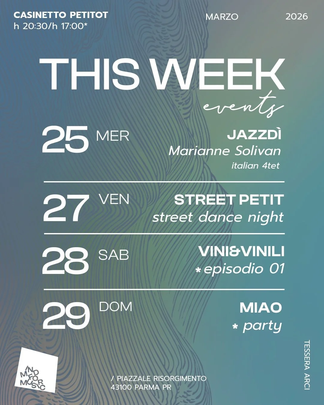 Ultima settimana di marzo sentiamo la primavera che &egrave; arrivata e siamo PAZZI

👉MERCOLED&Igrave; 25: JazzD&igrave; con ospite d&rsquo;eccezione @jazzinmind con il suo italian 4tet. @daniele_gorgone_jazz al piano, @paolobenedettini al contra, e