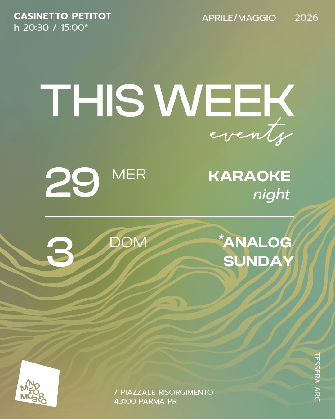 Settimana a cavallo tra aprile e maggio eccoci 🐴

👉MERCOLED&Igrave; 29: torna il karaoke per cantare insieme ancora una volta in ordine sparso maledetta primavera, domani e una canzone qualsiasi di Vasco. 

👉DOMENICA 3: insieme a @iso43100 e @spaz