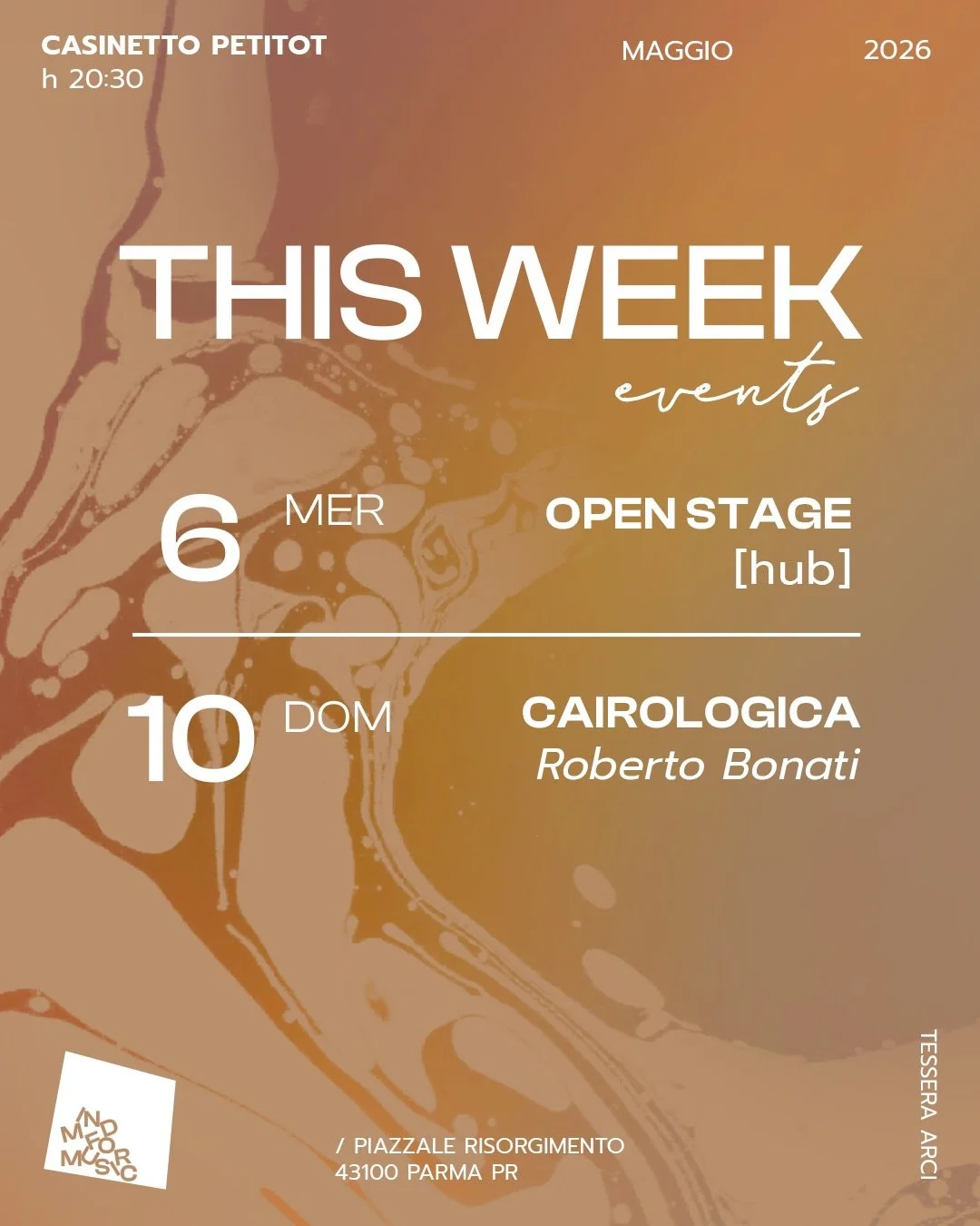 Arriva fresca fresca la locandina della settimana che iniziamo domani con un combackkino tattico:

👉MERCOLED&Igrave; 6: open stage hub dove fondamentalmente fai quello che vuoi nei nostri spazi. Si suona si canta si disegna si balla ⛅️ noi ti diamo 