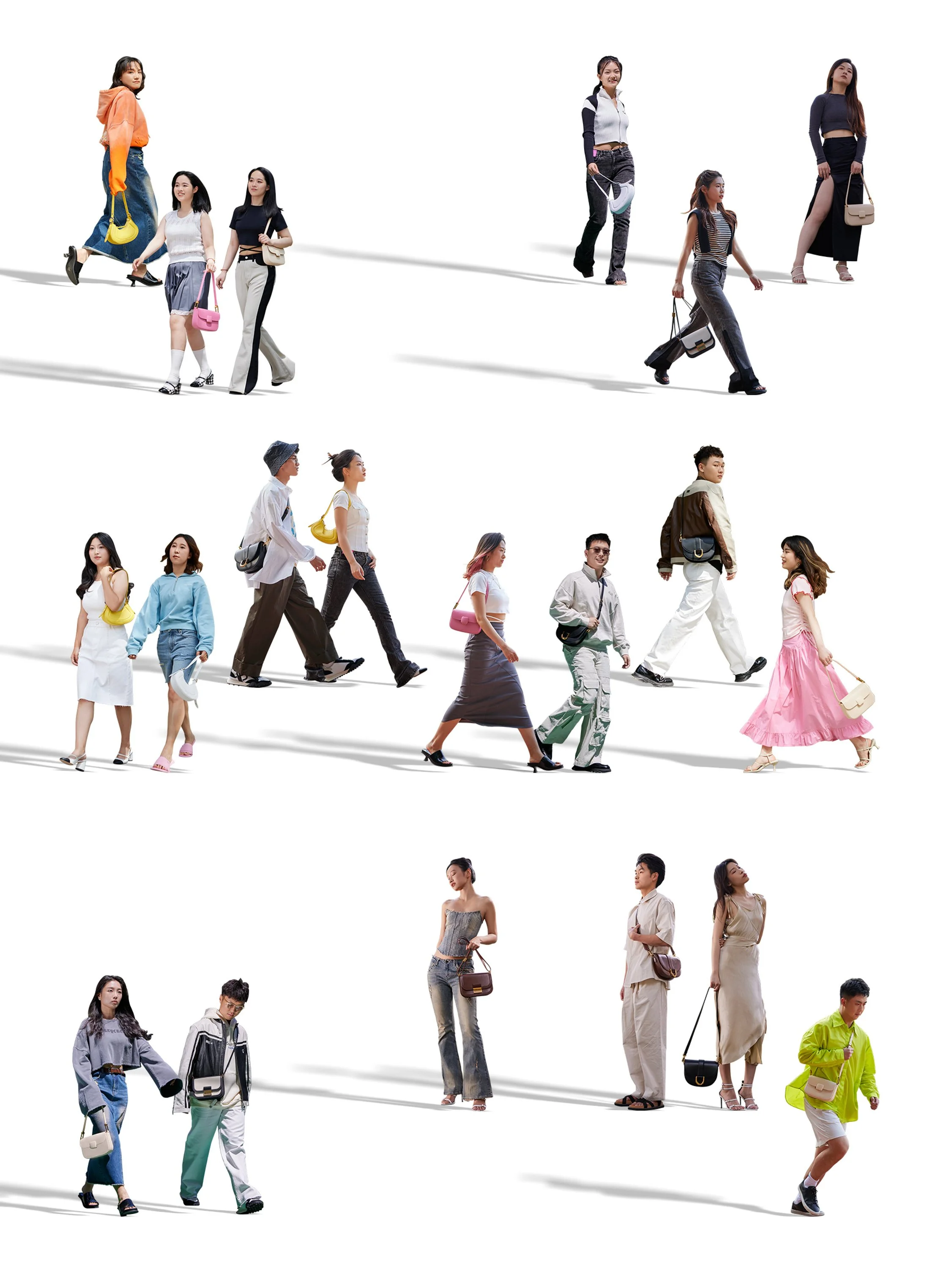 Multiple groups of people walking in different directions, each group overlapping, with a white background.