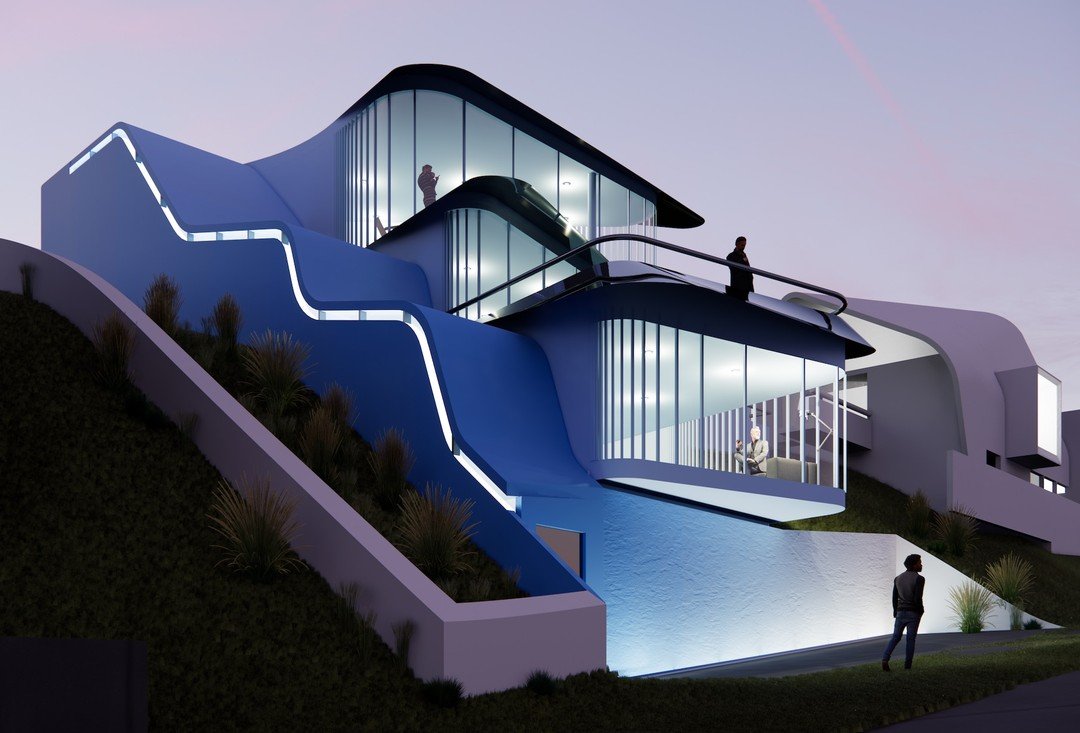 Preliminary night-time view of proposed house on Mount Washington in Los Angeles. Peter Cook Architect. Pablo Weldon assisting.Project Convenor and Associate Architect Eui-Sung Yi.