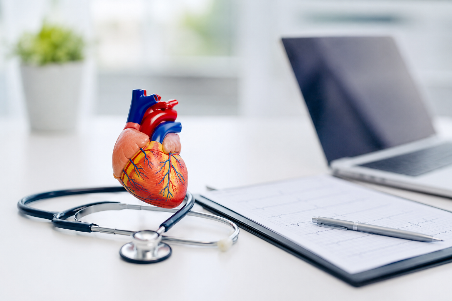 An anatomical model of a human heart with a stethoscope wrapped around it, placed on a white desk next to a laptop, clipboard with ECG paper, and a pen, in a bright office setting.