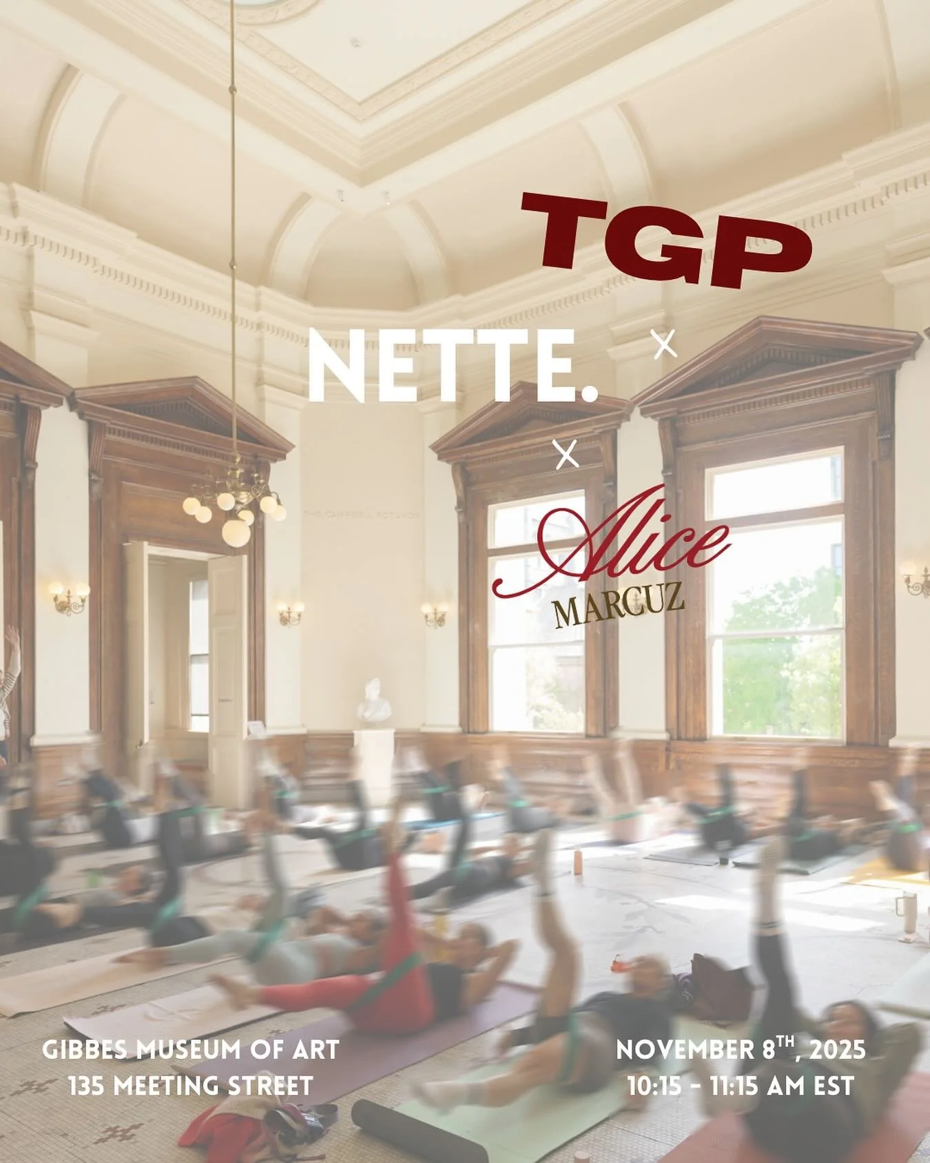 TGP x NETTE x AM at the Gibbes Museum of Art on 11/8!🎨🎨
When: 11/8 from 10:15-11:15
Where: Gibbes Museum of Art - 135 Meeting Street
Details: Join us at the Gibbes for a mat pilates class led by @taylor_pilates + new fall arrivals from @netteshop
