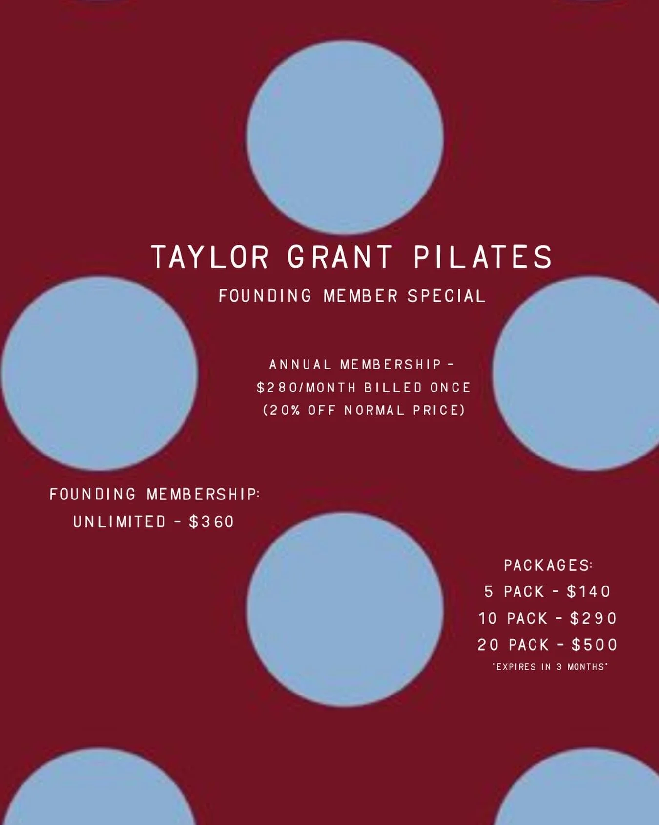 TGP Founding Member Special!!!!✨✨

Annual membership: $280/ month (billed at once)&hellip;this is 20% off the normal annual price

Founding Membership: Unlimited - $360

Packages: 
5x $140
10x $290
20x $500
*expires in 3 months*

Prices go up March 1