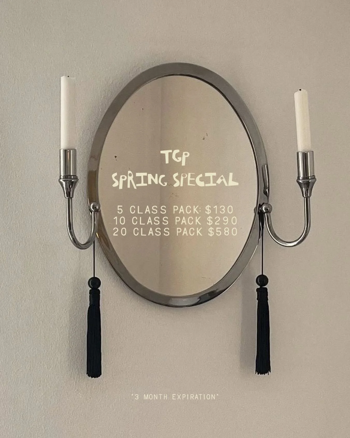 TGP SPRING SPECIAL🌼

5 class pack - $130
10 class pack - $290
20 class pack - $580

*3 month expiration* limited quantities