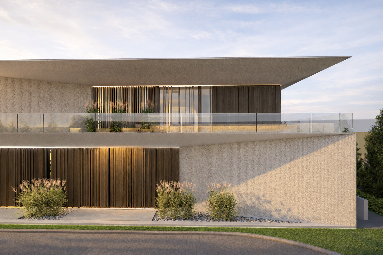 A modern two-story house with a flat roof, featuring beige textured exterior walls, wooden slatted panels, and a glass balcony with plants. There is a driveway and landscaping with bushes and grass.