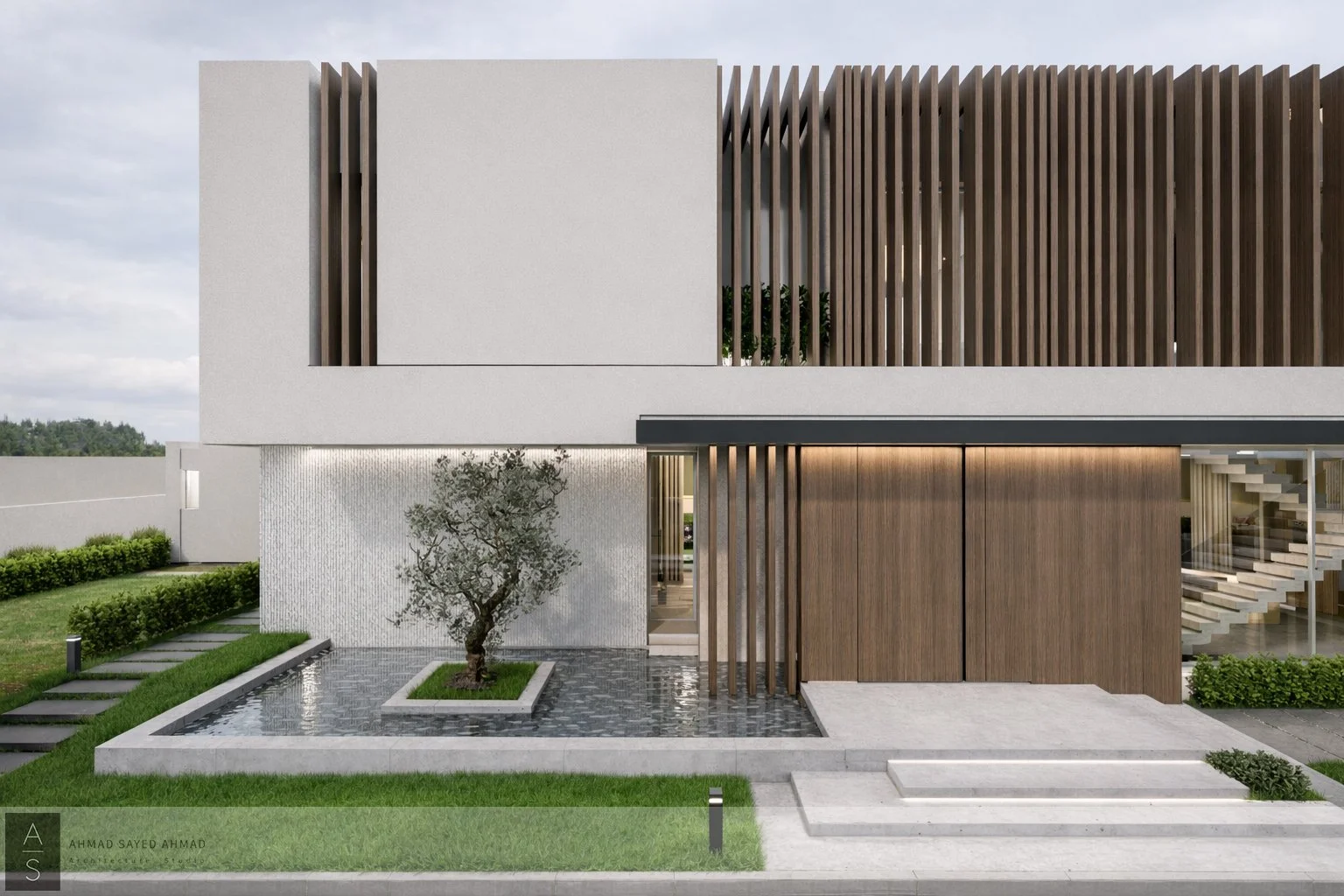 Modern two-story house with white and wood exterior, small garden with a tree, water feature, and pathway