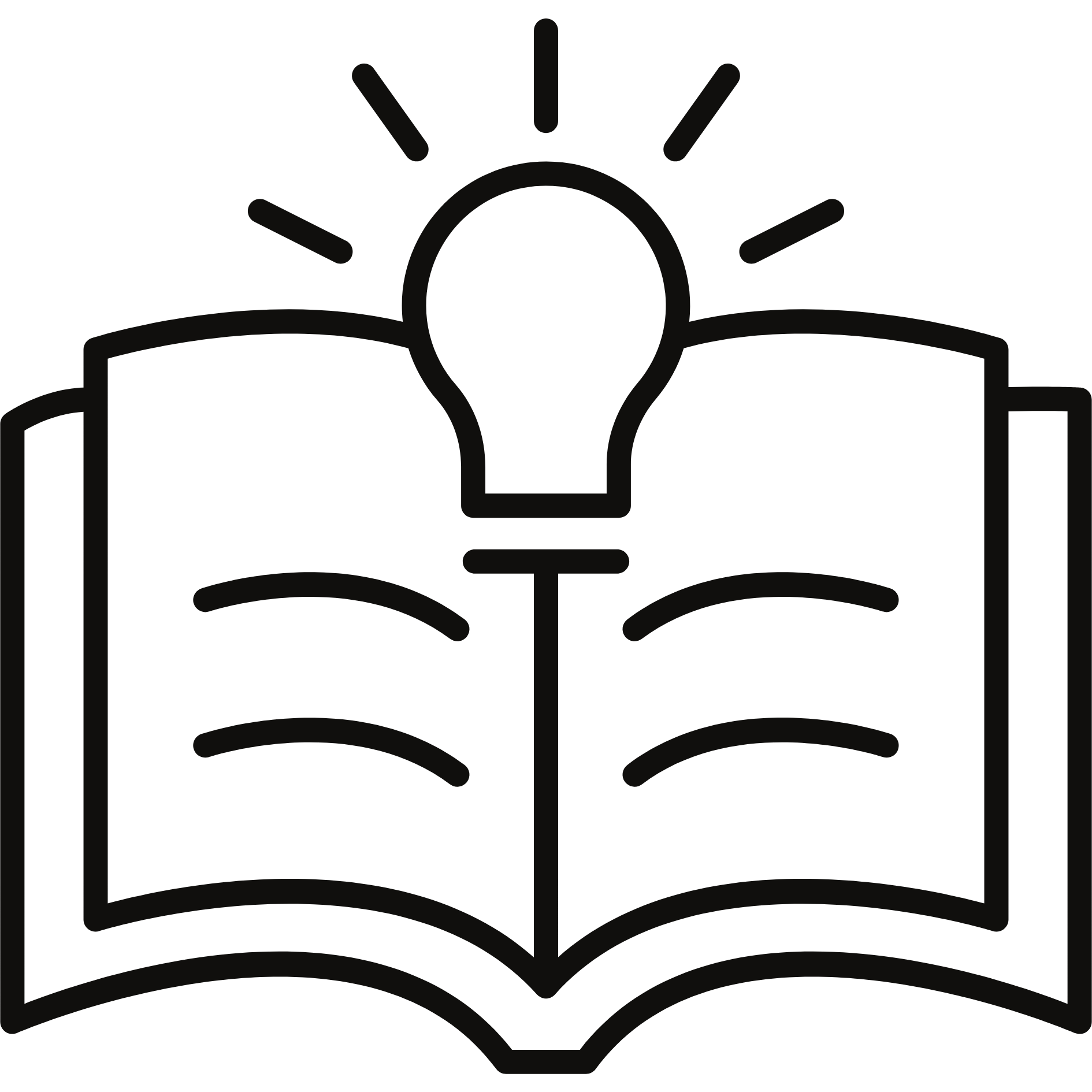 Outline of an open book with a light bulb above it and rays radiating from the bulb, symbolizing ideas or knowledge.