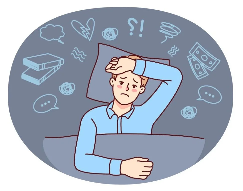 A person in bed looks stressed, with a hand on their forehead. Surrounded by doodles of books, money, swirling lines, exclamation points, speech bubbles, and symbols representing worries or confusion.