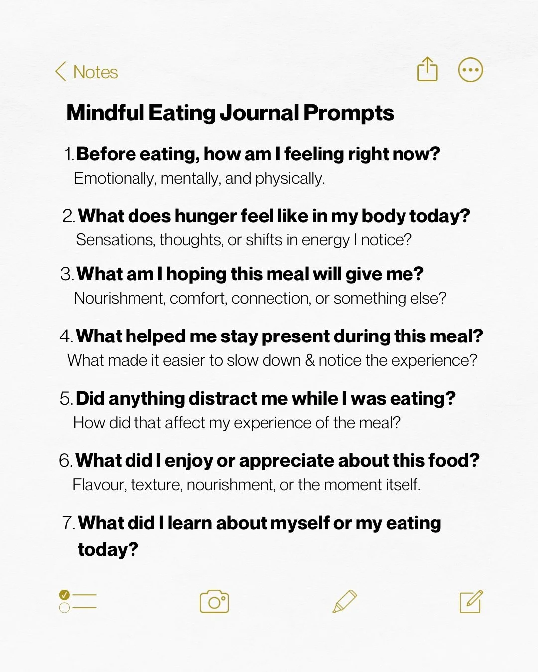 Mindful Eating Journal Prompts ✨ SAVE for your next journalling session

One of the most powerful ways to deepen your relationship with food is through reflection.

Journaling can help us slow down, notice patterns, and reconnect with our body&rsquo;