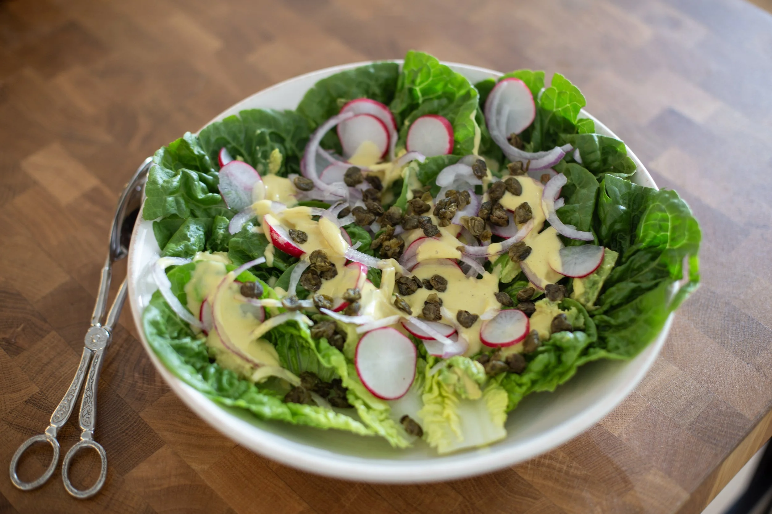 Lettuce, Radish and avocado with a maple mustard dressing