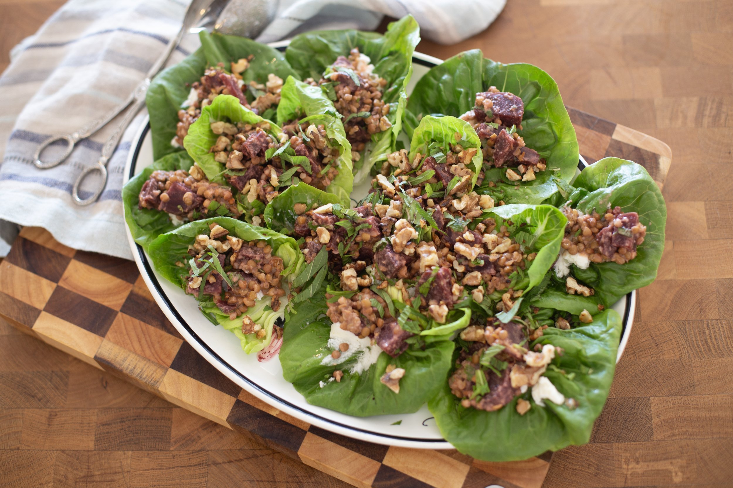 Beetroot, Goat’s Cheese &amp; Lentil Lettuce Cups with Toasted Walnuts and Mint