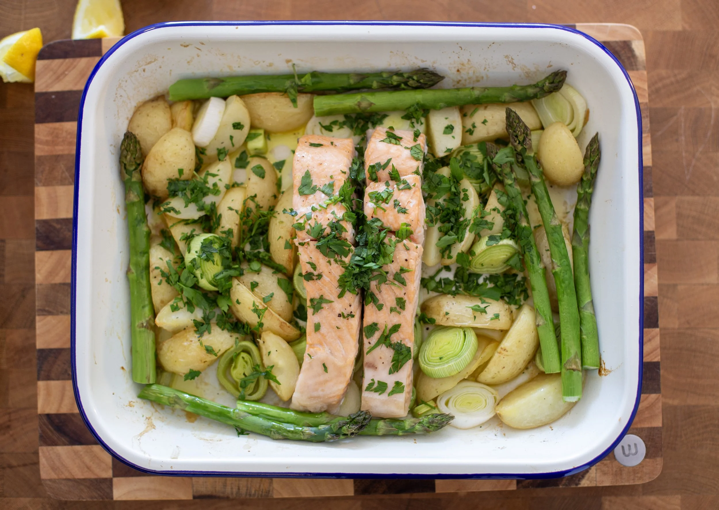Lemon &amp; Tarragon Salmon Tray Bake with Potatoes, Leeks &amp; Asparagus
