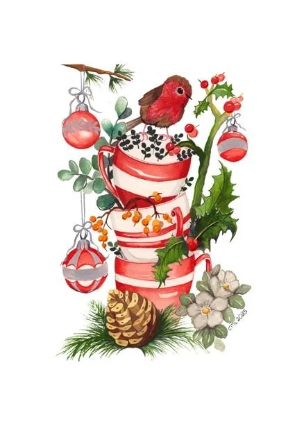 Christmas robin on teacups