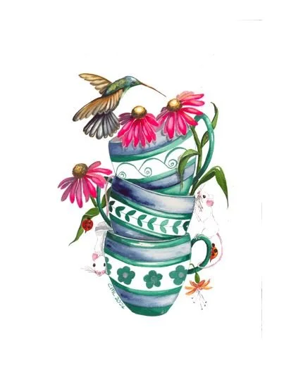 Hummingbird with green and blue floral teacups