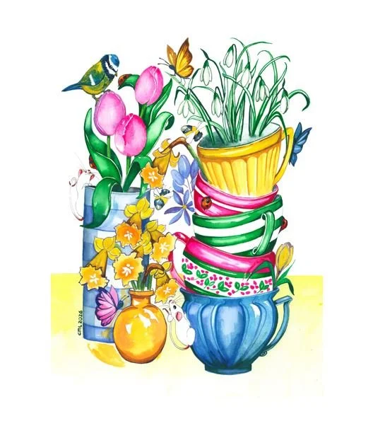 Spring flowers in multi-coloured teacups
