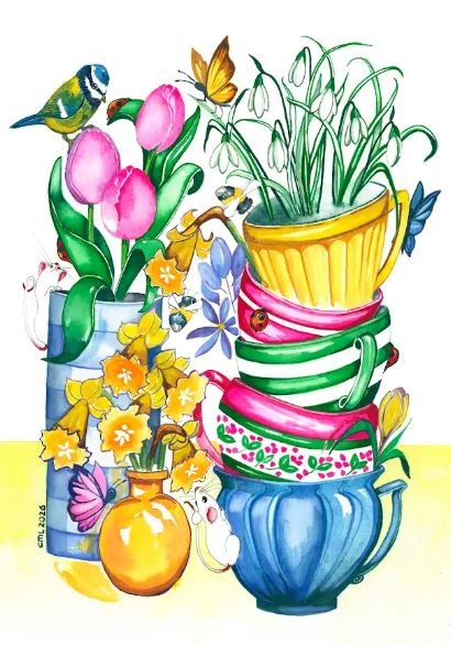 Spring flowers in multi-coloured teacups