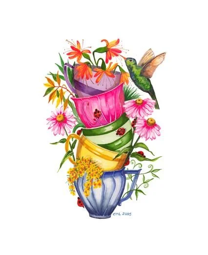 Hummingbird with multi-coloured floral teacups