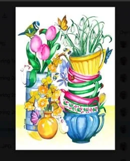 Spring flowers in multi-coloured teacups