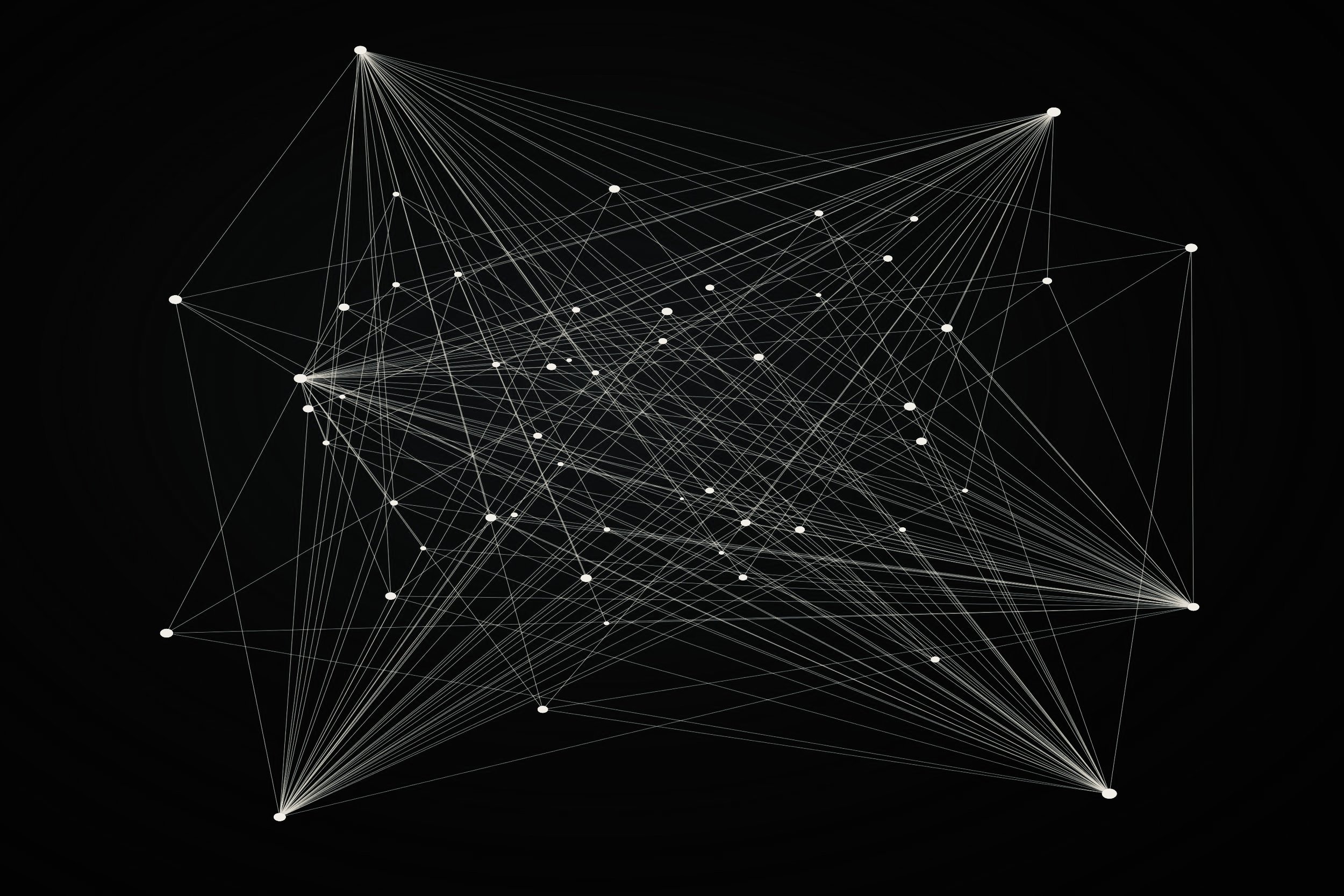 A digital visualization of a complex network with numerous interconnected points and lines on a black background.
