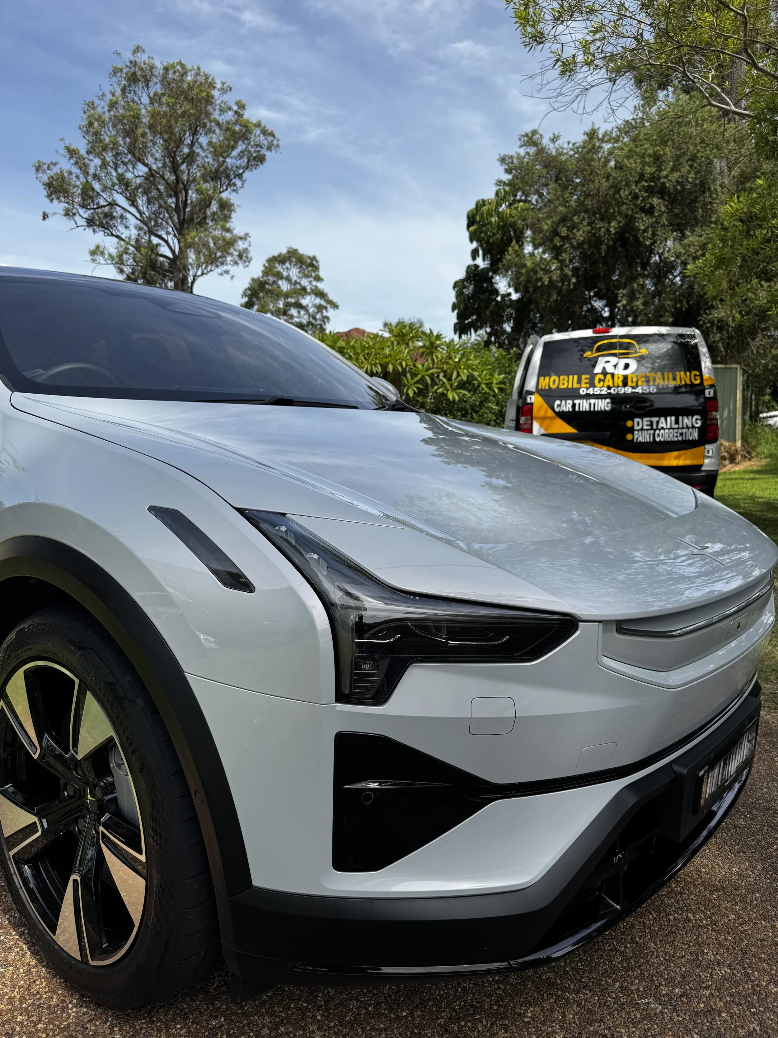 Front angle view of Polestar 3 after ceramic coating by RD Mobile Car Detailing Central Coast NSW