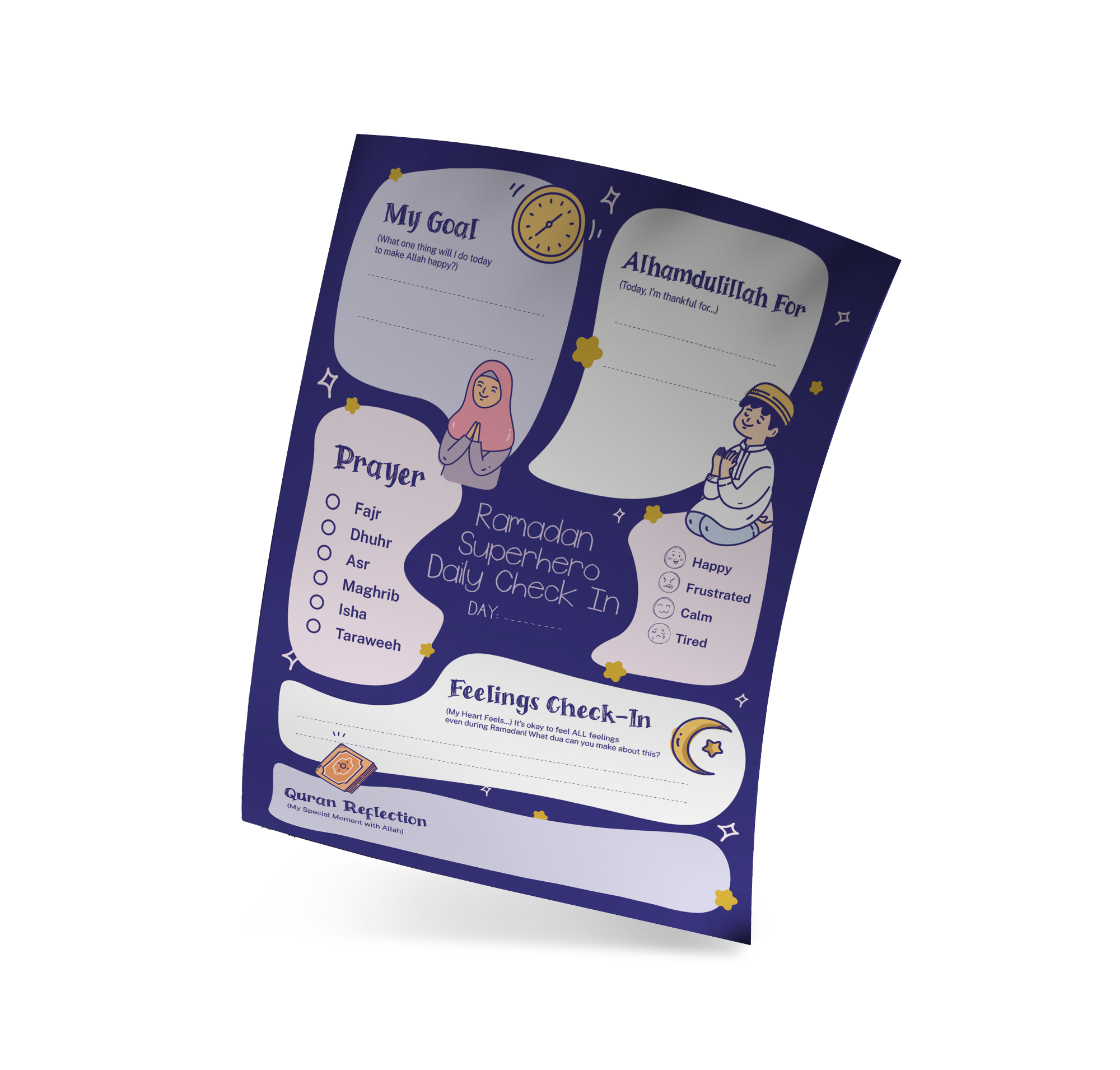 Ramadan superhero daily check-in sheet with sections for setting goals, expressing gratitude, checking prayers, and reflecting on feelings. Includes illustrations of a girl and boy, prayer list, and feelings options: happy, frustrated, calm, tired.