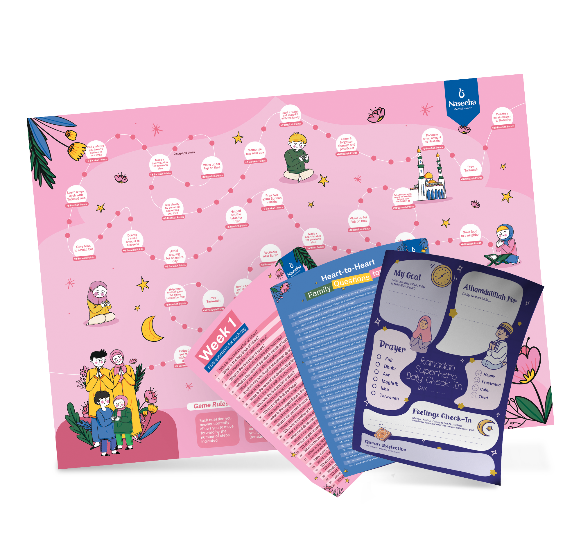 Illustrated family game board for Ramadan with questions and check-in sheets. Features a path with activities and illustrations of people praying and a mosque. Includes a Week 1 overview, daily check-in sheets, and family questions. Pink, blue, and purple color scheme with stars and moons.