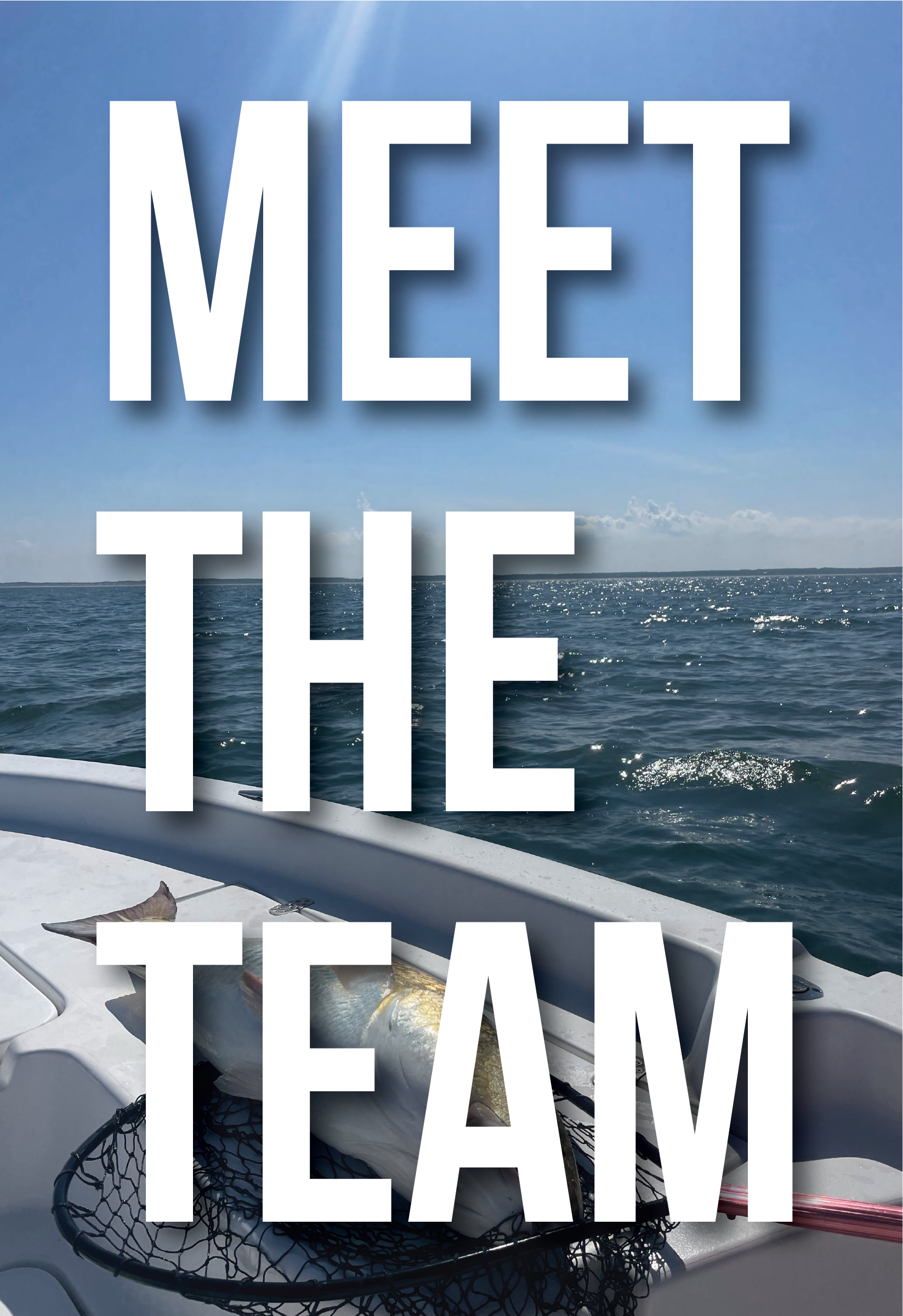 View of the ocean from a boat with two fish caught in a net, and the words 'Meet the Team' overlaid.