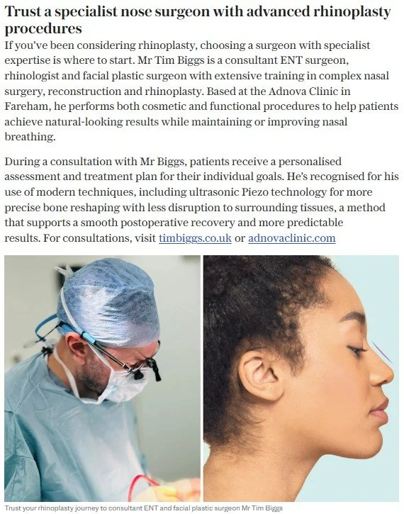 Mr Tim Biggs Featured in The Telegraph Online, for Specialist Rhinoplasty and Nasal Surgery