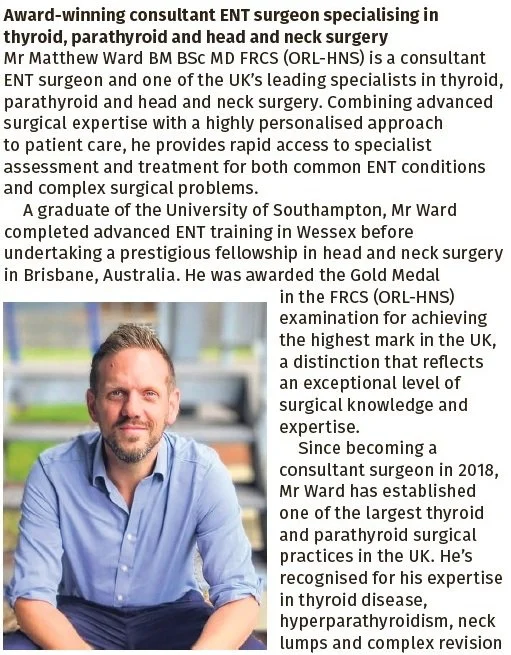 Mr Matthew Ward Featured in The Telegraph as a Leading Thyroid and Parathyroid Surgeon