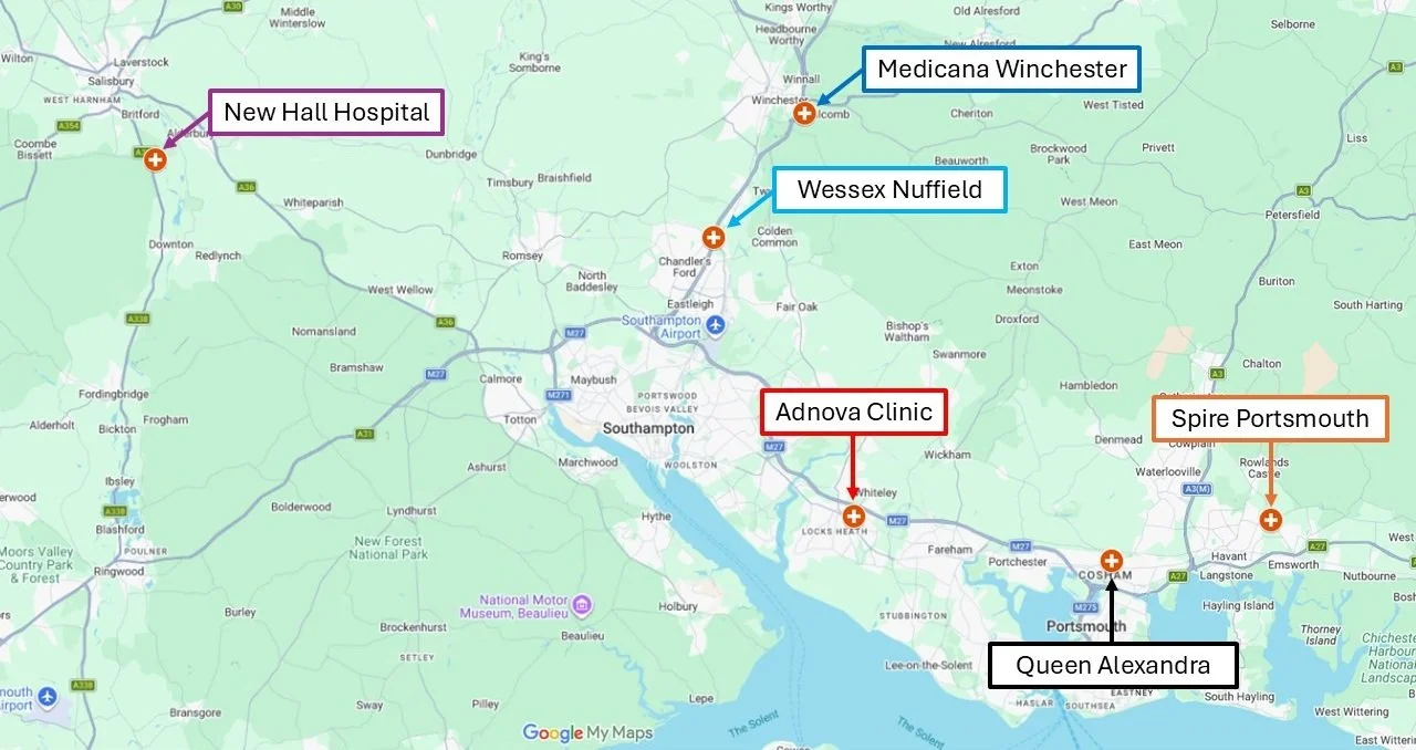 Map showing locations around Southampton, including New Hall Hospital, Medicana Winchester, Wessex Nuffield, Adnova Clinic, Spire Portsmouth, and Queen Alexandra.