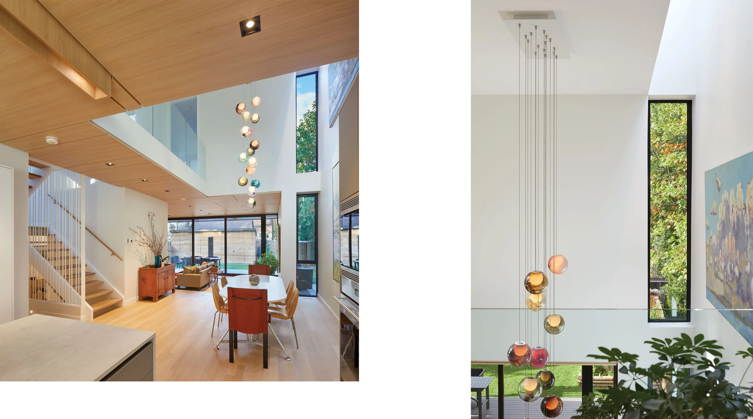 double height living room with large hanging bocci light fixture