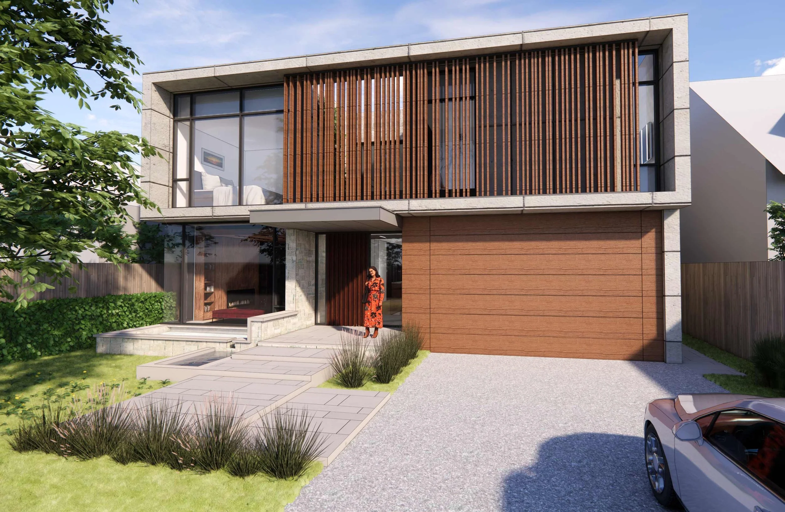 Modern two-story house with large glass windows, wooden accents, and a driveway with a car parked on it.