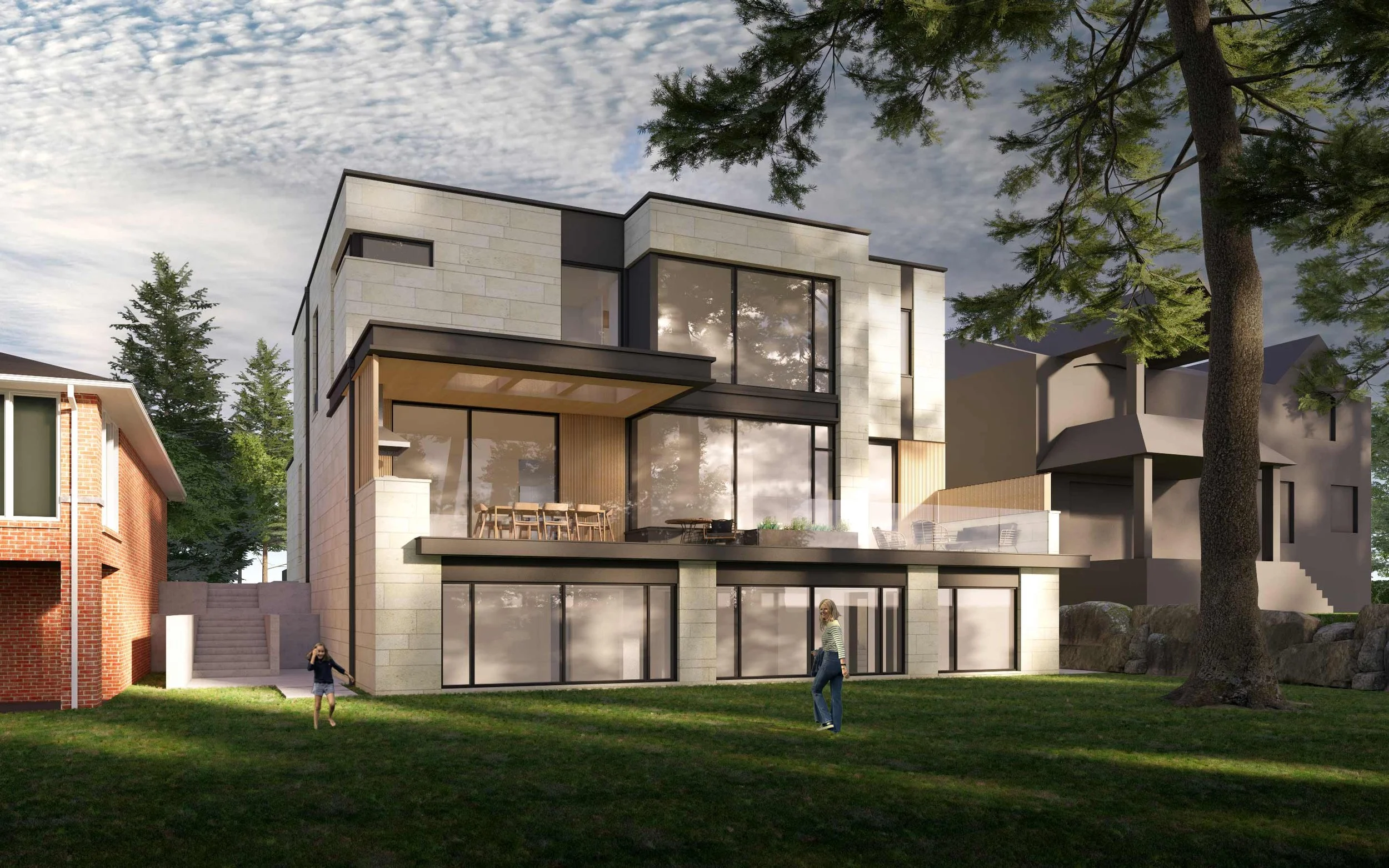 Modern multi-story house with large glass windows, outdoor terrace, surrounded by trees and neighboring houses, daytime.