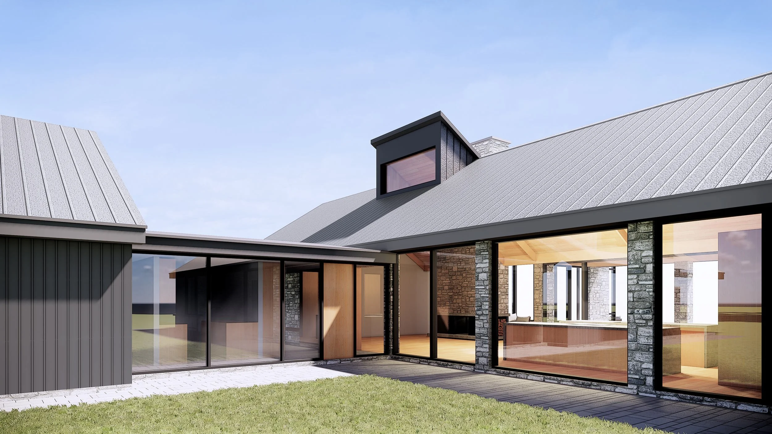 Modern house exterior with gray metal roof, large glass windows, brick and wood accents, and a grassy yard under a blue sky.