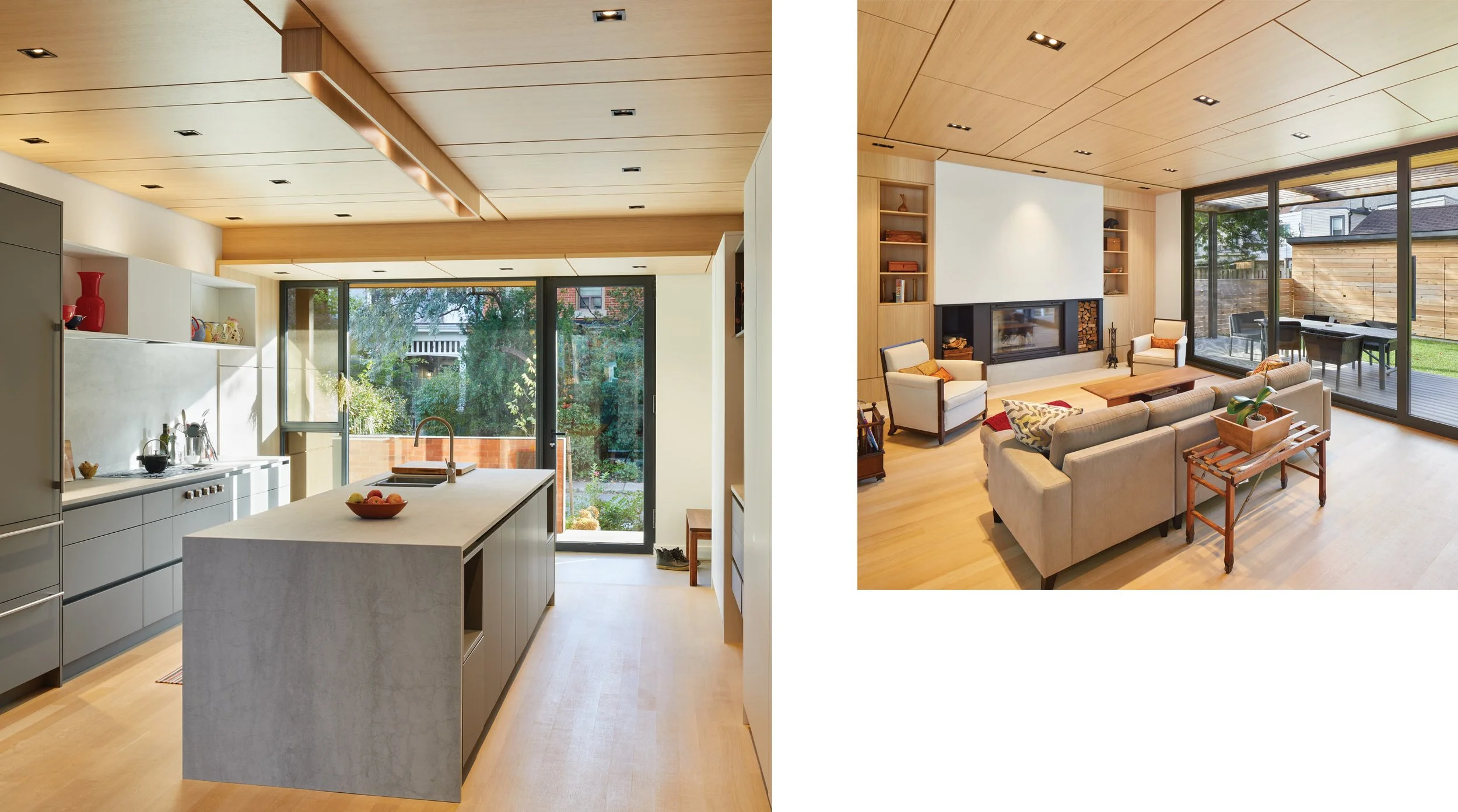 Modern Kitchen and family with wood ceiling