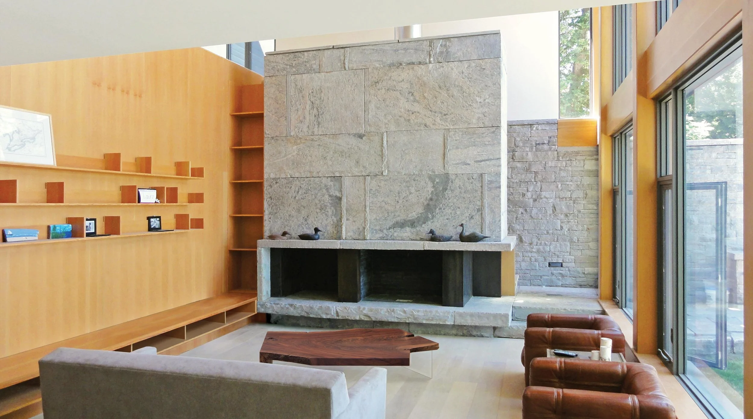 Stone fireplace inside cottage
