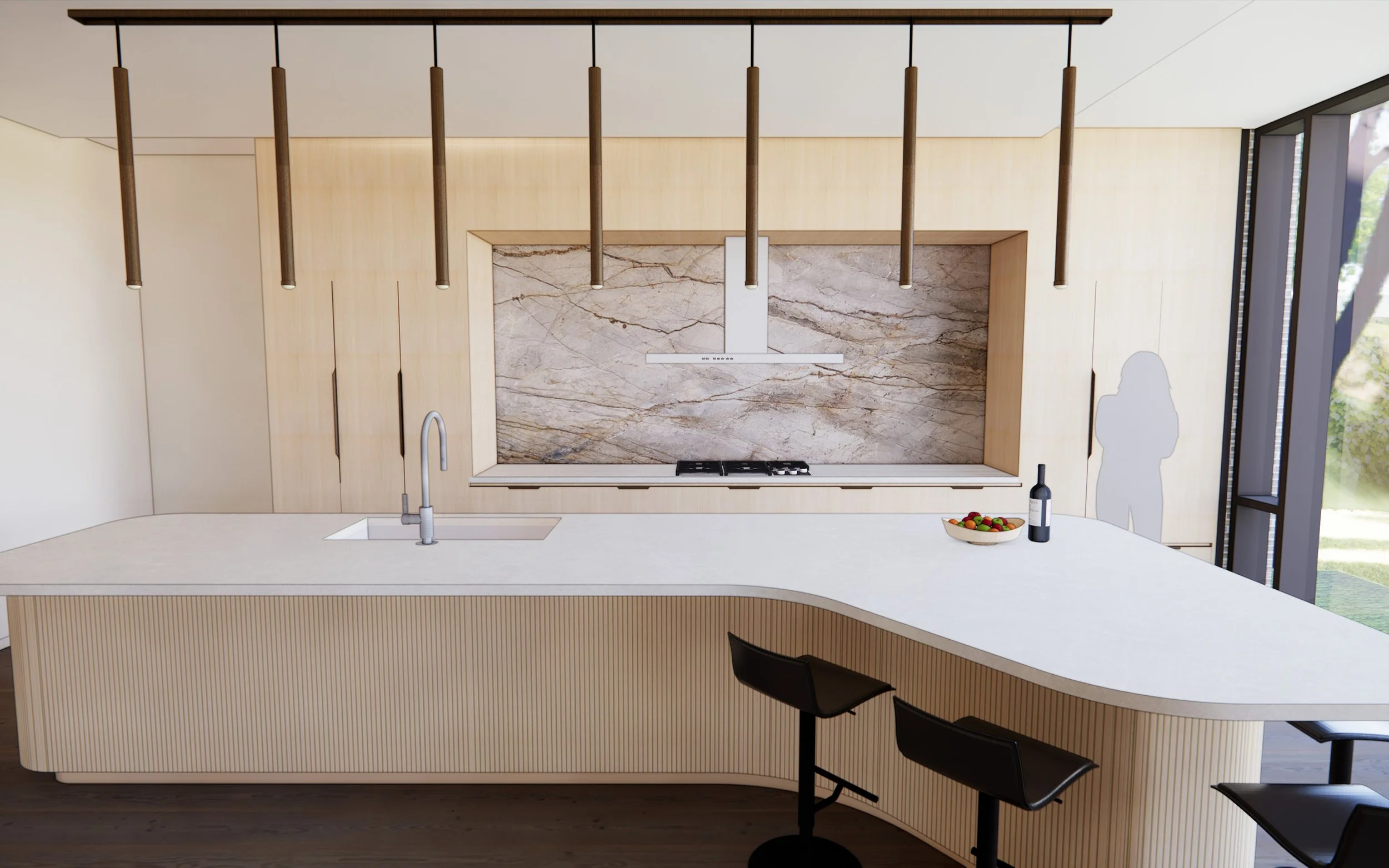 Modern kitchen with a large white island, a built-in sink, a marble backsplash, and a row of pendant lights hanging from the ceiling.