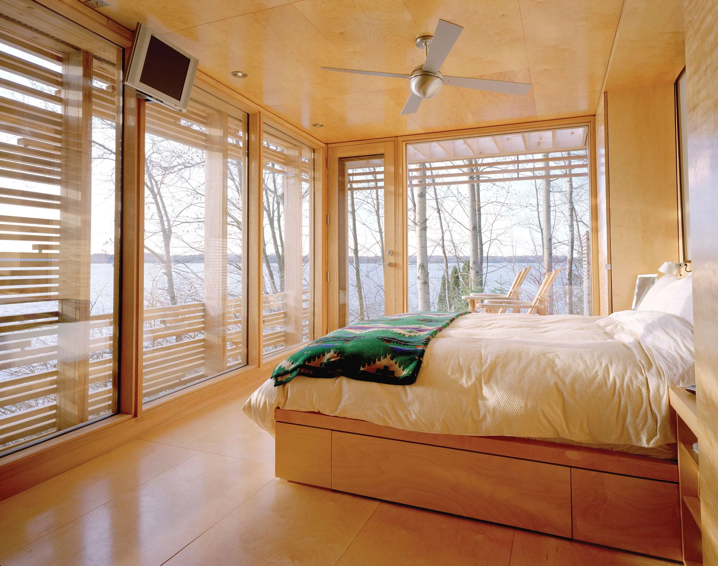 Sunset cabin interior looking out towards the lake