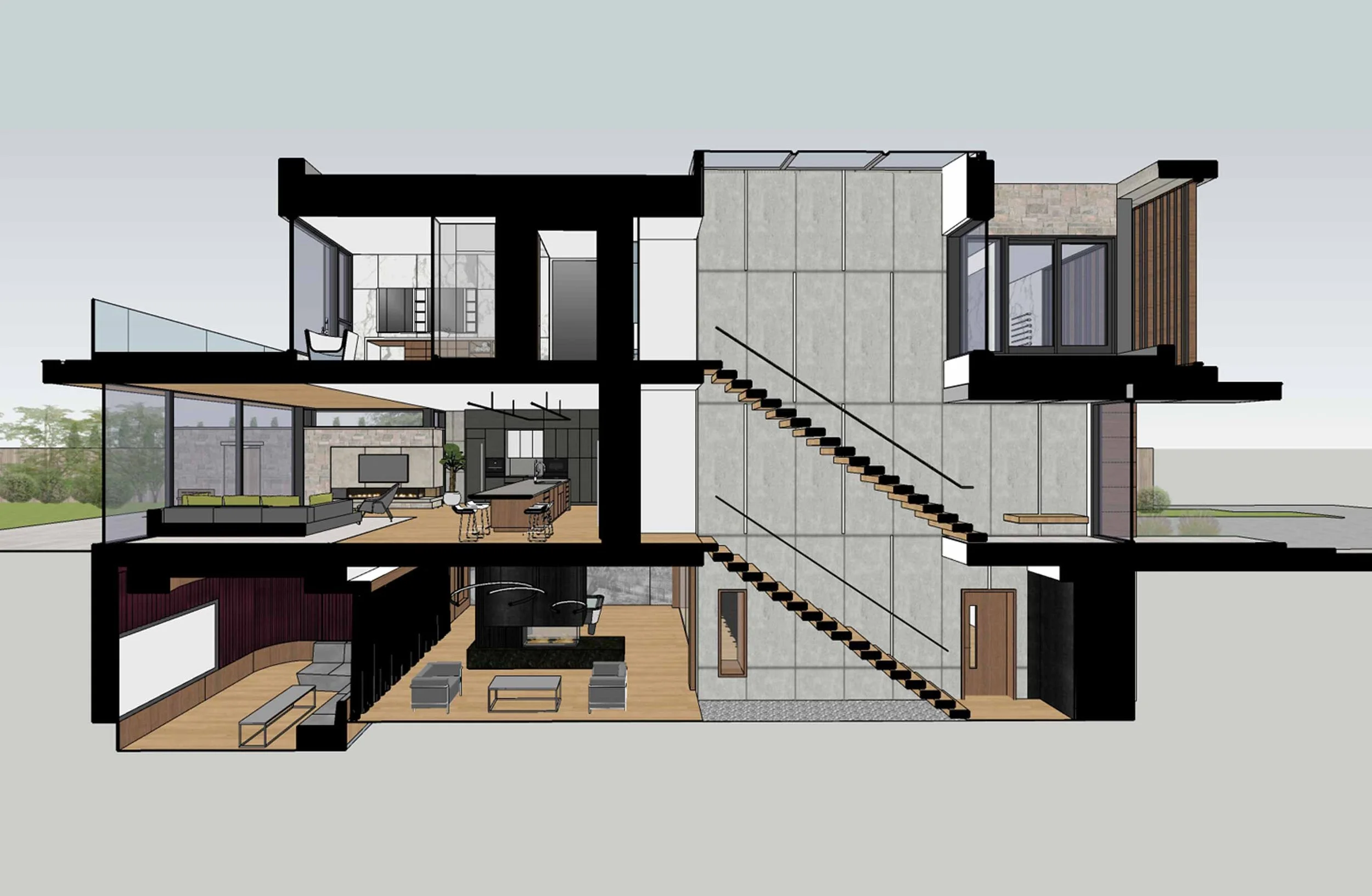Cross-section architectural rendering of a multi-story modern house showing interior rooms, stairs, and exterior landscaping.