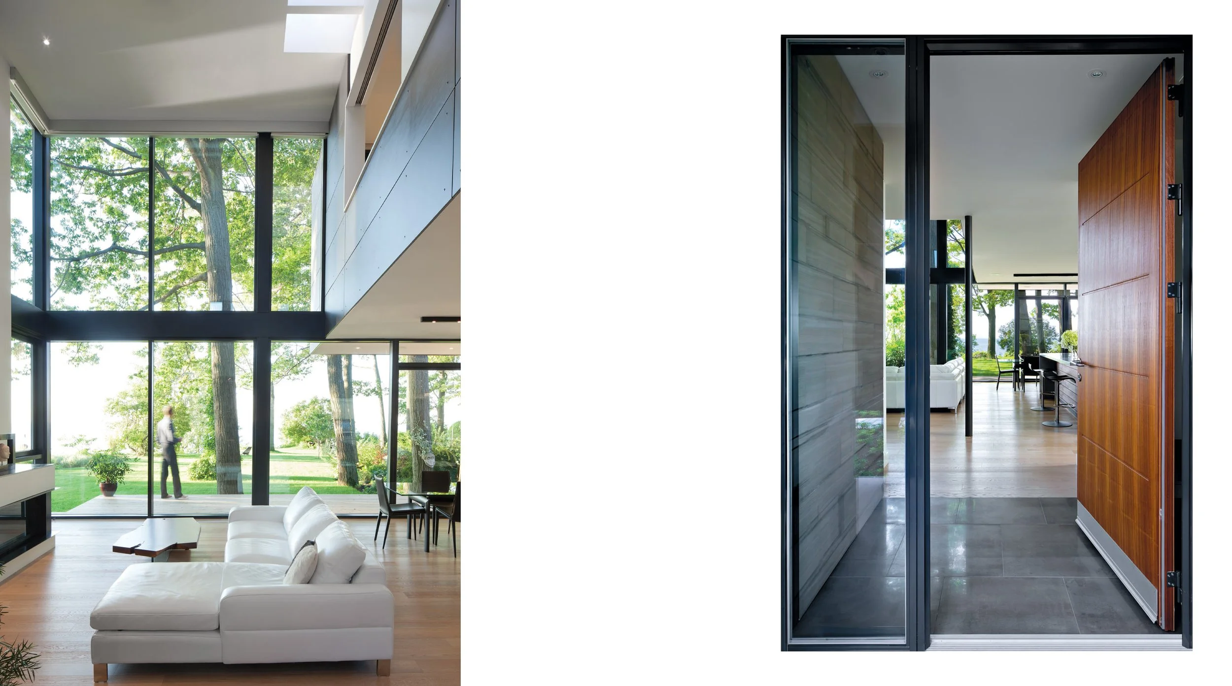 Scarborough Bluffs double height Living room looking out towards the lake and an entry way with a floor to ceiling wood door.