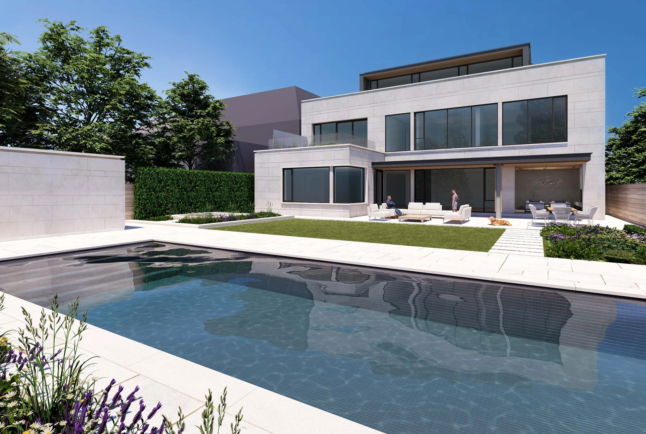 Modern white multi-story house with large windows, surrounded by a backyard with a swimming pool, outdoor seating area, green lawn, and trees under a clear blue sky.