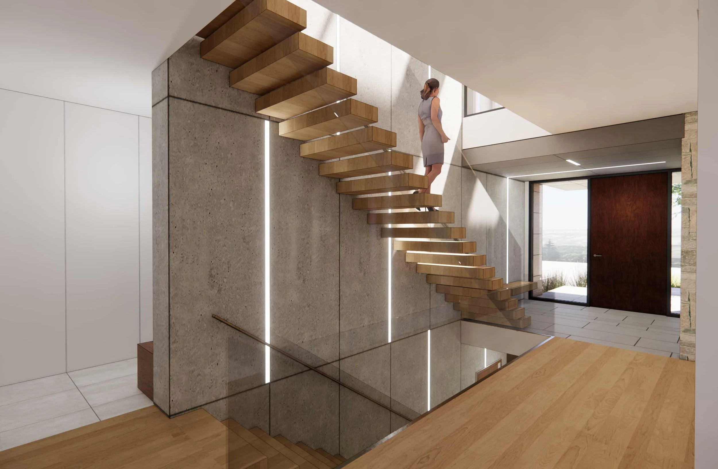 Modern interior staircase with wooden treads, floating design, adjacent to a large window and stone wall, in a contemporary home.