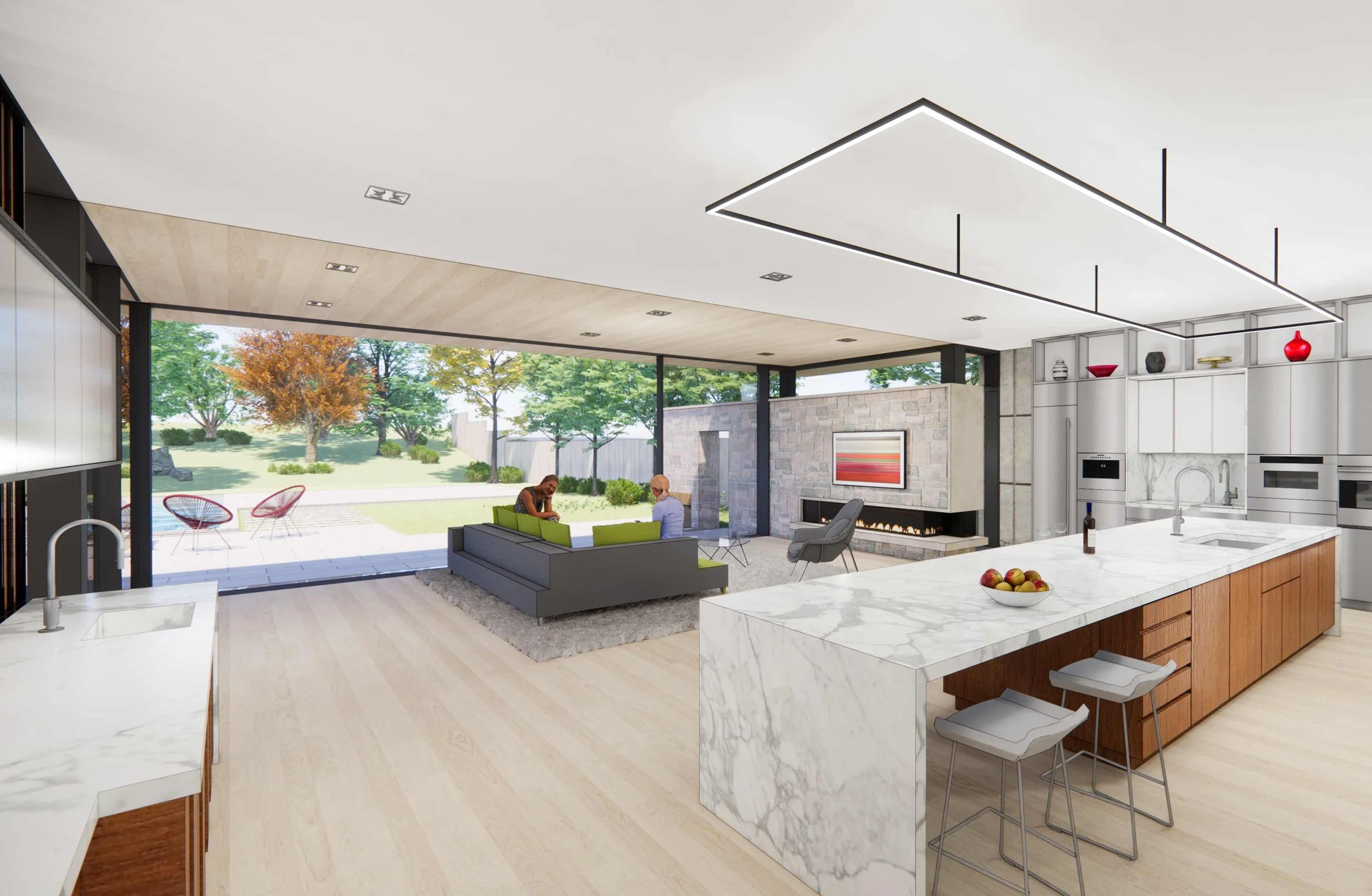 Open concept kitchen, dining and entertaining looking out towards the backyard