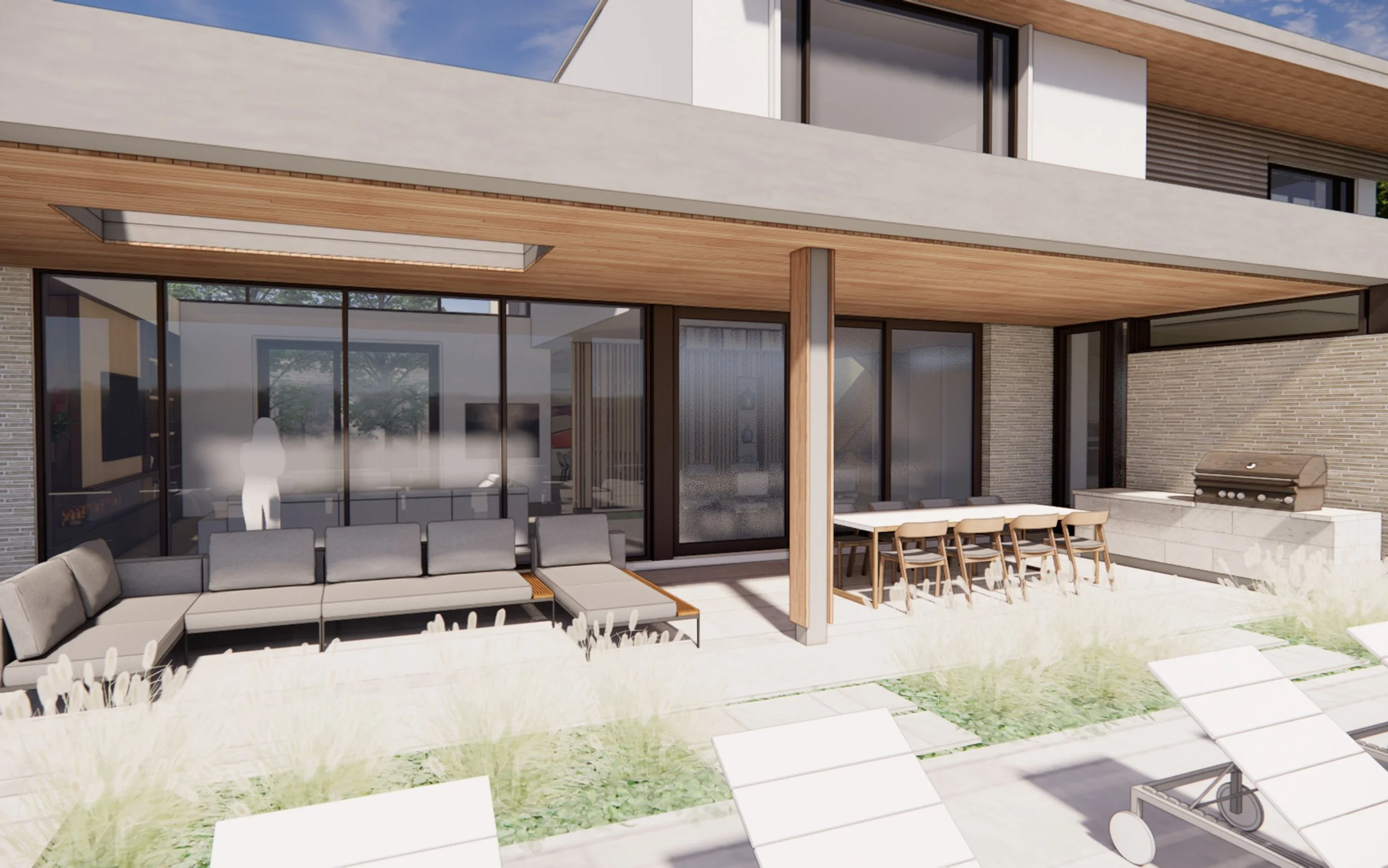 Modern outdoor patio with seating area, dining table, barbecue grill, and lounge chairs, attached to a contemporary house with large glass windows, wooden accents, and landscaped surroundings.